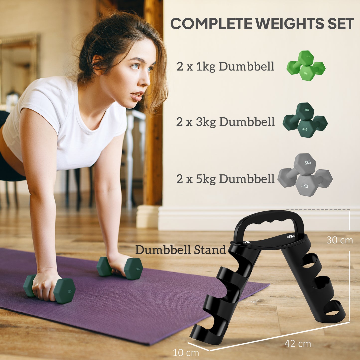 6-Piece Dumbbell Set with Convertible Kettlebell Rack – 1kg, 3kg & 5kg