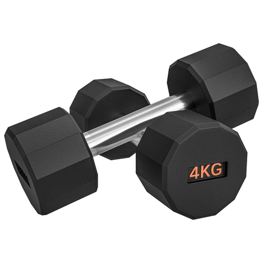 12-Sided Rubber Dumbbell Set – 2 x 4kg Non-Slip Home Gym Weights
