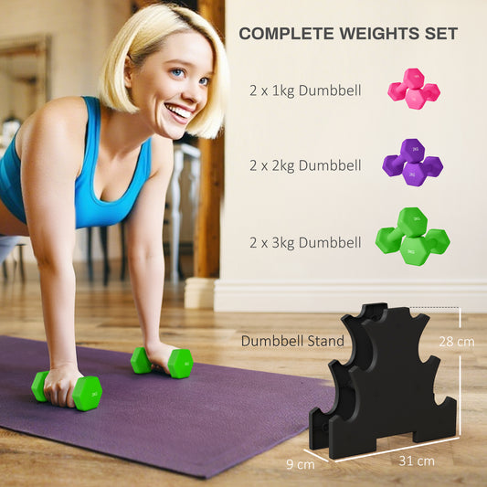 6-Piece Dumbbell Set with Storage Rack – 1kg, 2kg & 3kg Home Gym Weights