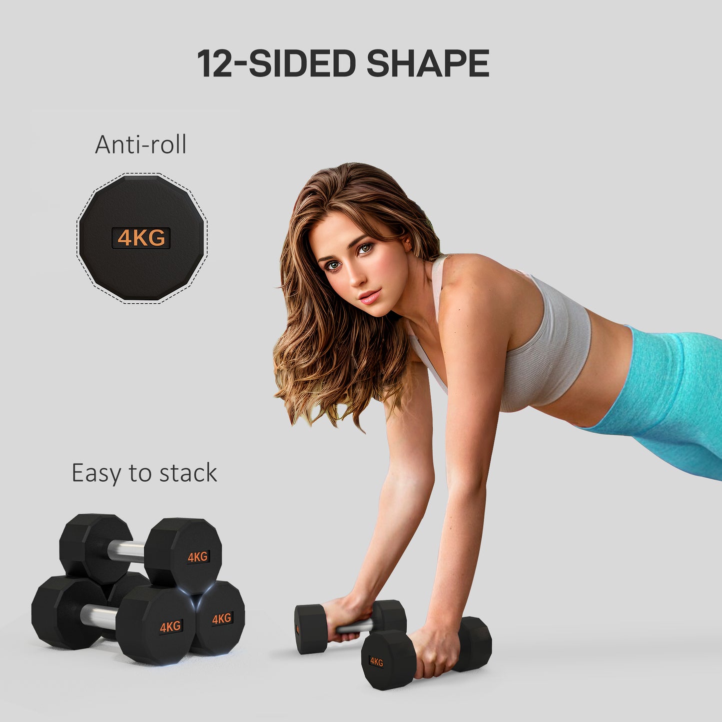 12-Sided Rubber Dumbbell Set – 2 x 4kg Non-Slip Home Gym Weights
